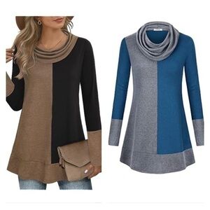 Youtalia long shirt tunic top with cowlneck and color blocking